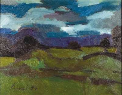 Gernot Kissel, 1939-2008, Landschaft, Öl/Lwd, links unten signiert, datiert 84, ca. 80x100 cm, Holzrahmen, gold patiniert, 95x118 cm
