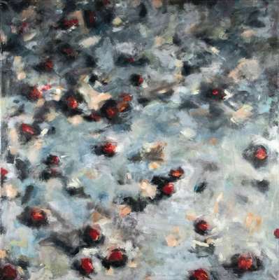 Susanne Lorenz, Mannheimer Künstlerin, Rote Beeren, Mischtechnik/Lwd, rechts unten signiert, datiert 08, ca. 100x100cm, schwarzer Schattenfugenrahmen