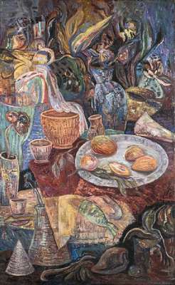 Elena Mokina, geb. 1960 Sotschi, Stillleben, Vasen, Fisch, Obst, Öl/Lwd, rechts unten signiert, datiert 1997, rückseitig betitelt, ca. 115x70 cm