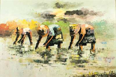 Unbekannter Asiatischer Maler, Reisernte, Öl/Hartfaser, rechts unten signiert, ca. 60x90 cm, Rahmen