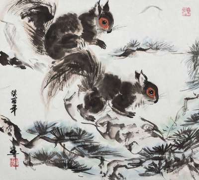 Zhang Leyi, geb. 1952, zwei Tuschezeichnungen, signiert und gestempelt, 1x Eichhörnchen, ca. 41x45cm; 1 x galoppierende Pferde, ca. 68x43cm, beide ...