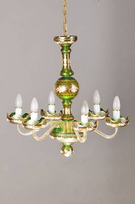 Deckenlampe, Murano, 2. Hälfte 20. Jh., meist grünes Glas, mit floraler Emailmalerei, 6 Brennstellen, farblose Arme, Goldstaffage, intakt, Elektr. ...