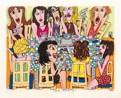 James Rizzi, 1950-2011, Tea Party, 3D-Lithographie, 1990, sign. u. num. 30/350, Motiv 18,5x24 cm, Blattgr. 26x31,5 cm