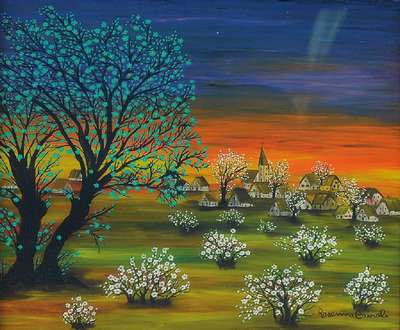 Rosanna Cairali, 2. Hälfte 20. Jh, Baumblüte im Abendrot, Öl/Karton, sign., ca. 27x32 cm, unter Glas gerahmt