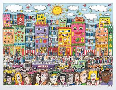 James Rizzi, 1950-2011, 3D-Lithographie, Be a good Sport, sign. u. num. 95/350, dat. 1998, Motiv 30,5x40,5 cm, unter Glas gerahmt
