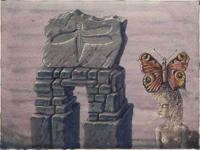 Otfried H. Culmann, geb. 1949, "Dämmerung - die alljährliche Besucherin", Gouache/Aquarell auf Karton, surrealistische Aquarellmalerei ...