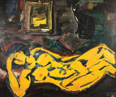 Karl Rödel, 1907 Neu Isenburg - 1982 Mannheim, Studium an der Akademie in Leipzig, Liegender Akt, Öl/Platte, rückseitig signiert, ca. 115x137 cm, ...