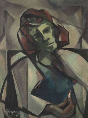 Wilhelm Brüggemann, Deutscher Maler Mitte 20. Jhd., Frauenbildnis in kubistischer Darstellung, Öl/Hartfaser, signiert, ca. 71x54cm