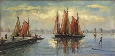 Unbekannter Künstler, Lagune mit Segelbooten, Öl/Lwd, verso Ortsangabe, ca. 47x87 cm, opulenter Rahmen