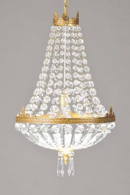 Korblüster, deutsch, 60/70er Jahre, Messingmontur, 1 Brennstelle inneliegend, Elektrifizierung nicht geprüft, H. ca. 84 cm, D. ca. 37 cm