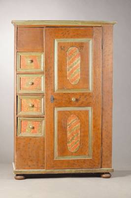 Bauernschrank, westliche Bodenseeregion, dat. 1837, Weichholz in Orig. Fassung, 1-türig u. 4-schübig mit Geheimfach, Innen 6 Einlegeböden, alt ...