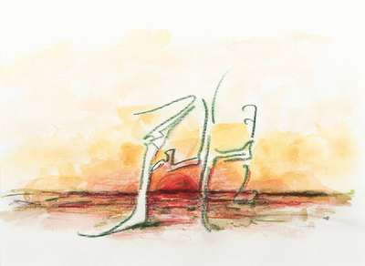 Horst Janssen, 1929-1995, Abendlicher Sonnenuntergang, Aquarellierte Zeichnung auf Papier, kalligrafiertes Monogramm JH, PP, Ausschnitt ca. 14x19 cm, ...