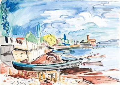Hans Purrmann, 1880-1966, Boote am Ufer (Largenargen), Aquarell auf Aquarellkarton, rechts unten signiert, WVZ Billeter/Lenz W 1931/04, Archiv-Nr. ...