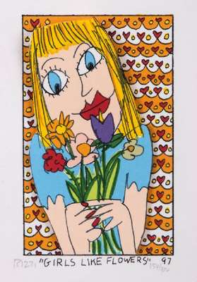 James Rizzi, 1950-2011, Girls like Flowers, 3D-Lithographie, sign. u. num. 154/350, 1997, Motiv 10x6,5 cm, unter Glas gerahmt, min. Sprung im Glas