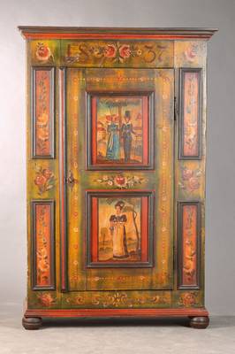 Bauernschrank bzw. Hochzeitsschrank, wohl Hessen, dat. 1837, Weichholz gefaßt, 1-türig, Füllungsfelder mit Personenstaffage, altersbedingte l. ...