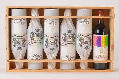 6 Flaschen 2001 Chateau Mouton Rothschild, Pauillac, Künstleretikett: Robert Wilson, je ca. 75 cl, unverkostet, Füllstände: je ca. into neck, sehr ...