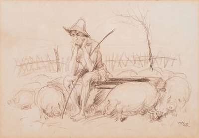 Willy Weber, 1895-1959, Ludwigshafen, Der Schweinehirt, Zeichnung, signiert und datiert 56, Blattgr. ca. 18x26 cm, unter Glas gerahmt