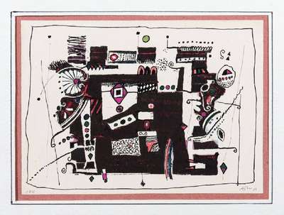 Unbekannter Künstler der DDR, "Maschinenschönheit", Farbserigraphie, unleserlich signiert und datiert 89, ca. 10,5x14,5cm, PP