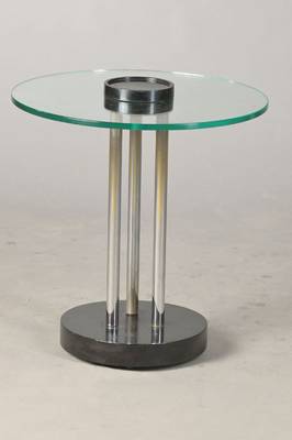 Beistelltisch mit Glasplatte, Art-Deco-Stil, Holz schwarz gefasst/ Chrom, H. 52, D. 50cm, l. Gebr.-sp.