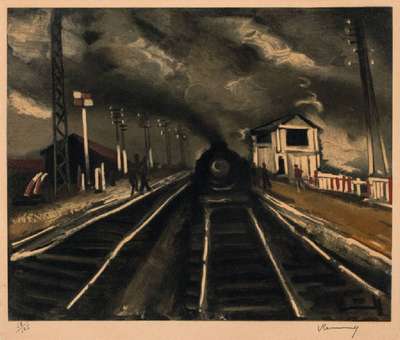 Maurice Vlaminck, 1876-1958, intern. bek. Französischer Künstler, hier: La gare - Der Bahnhof, Farblithographie, sig. u. num. 58/125, Motiv 39x47 ...