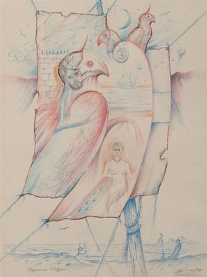 Werner Holz, 1948-1991, Buntstiftzeichnung, Odysseus und Kalypso, signiert und datiert, PP, ca. 40x30 cm, unter Glas gerahmt