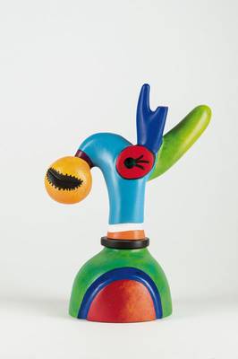 Otmar Alt, geb. 1940, Mein Haustier, Steinguss Skulptur, bunt bemalt, signiert und nummeriert 440/999, zweiteilig, H. ca. 31 cm