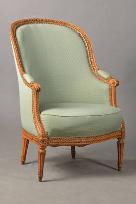 Bergerén-Sessel, deutsch, 1900, Buche massiv, in reichen unterschiedlichen Zopfstil-Friesen,selten üppig geschnitzt, H. ca. 98 cm, Sh. ca. 47 cm, ...