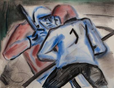 Alfred Kohler, 1916-1984 Schwabach, Hockey-Spieler, Aquarell auf Karton, links unten signiert, Blattgr. ca. 47x60 cm, PP, unter Glas gerahmt, Kohlers ...