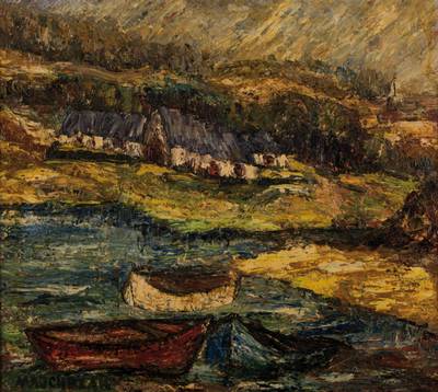 Andre Majchrzak, Heidelberger Maler, Gebirgsdorf am See, Öl/Lwd, pastoser Farbauftrag, links unten signiert, ca. 70x80 cm, Rahmen