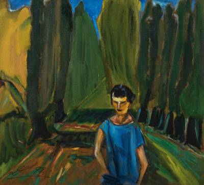 Heinz Dietrich, zeitgenössischer Deutscher Maler, Frau in bewaldeter Landschaft, Öl/Hartfaser, links unten monogrammiert und datiert 97, verso ...