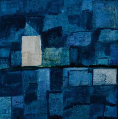 Lucien Sotto, zeitgenössischer Belgischer Künstler, Abstrakte Komposition in Blau, Öl/Hartfaser, sign., ca. 80x80 cm, Rahmen