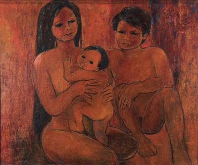 Unbekannter Künstler, Familie mit Kind, Öl/Lwd, unleserlich signiert und datiert 67, ca. 102x122 cm, Krakeluren, Leiste