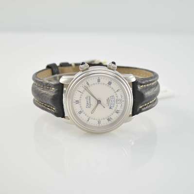 AUGUSTE REYMOND limitierte Herrenarmbanduhr mit Wecker, Schweiz um 1997, Automatik, beids. vergl. Stahlgeh., Boden & Glasrand gedr., silb. ...