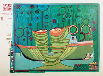 Friedensreich Hundertwasser, 1928-2000, Kolumbus Regentag in Indien, Farbserigraphie mit Metallfolienprägung, drucksigniert und nummeriert 79x3000, ...
