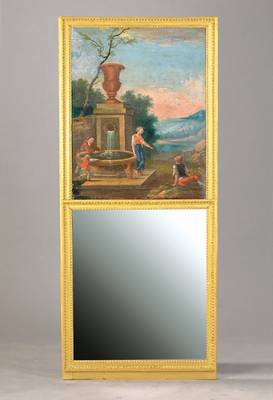 Selten kleines Trumeau, Frankreich, um 1780/90, Weichholz goldfarben gefaßt, klassizistischer Dekor: Perl- u. Palmettenfries, über Spiegel ...