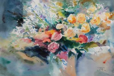 Martin Lutz, geb. 1948, Blumenstrauß, Aquarell, 1992, signiert, ca. 70x89 cm, unter Glas gerahmt