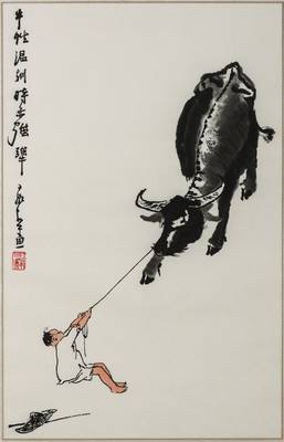 Li Ko-Jan, geb. 1907 China, Schüler des Altmeisters Qi Baishi und Huang Pin-hung, Büffel und Mann, Holzschnitt, ca. 63x41 cm, unter Glas gerahmt