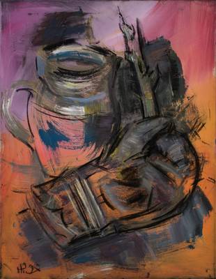 Heiko Pippig, geb. 1951, Schüler von Markus Lüpertz, hier: abstraktes Stillleben, Boxhandschuhe, Acryl/Lwd, ca. 90x70 cm, monogrammiert links unten ...