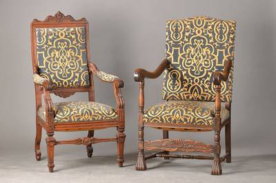 Paar Historismus-Sessel, deutsch, um 1880, Eiche massiv, im Barockstil, Bezug u. Polster mit Gebr.Sp., H. ca. 114/117 cm, Sh. ca. 48 cm