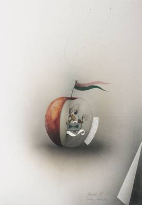 Alois Janak, geb. 1924 Tschechien, mechanischer Apfel, Gouache/Papier, ca. 73x51 cm, datiert 79 München, handsigniert, unter Glas gerahmt