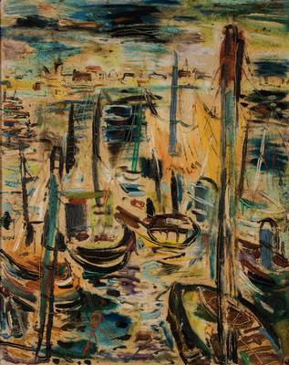 Bodo Francke, 1918-1977, Hafenansicht, Öl/Hartfaser, rückseitig signiert, 75x60 cm, Rahmen