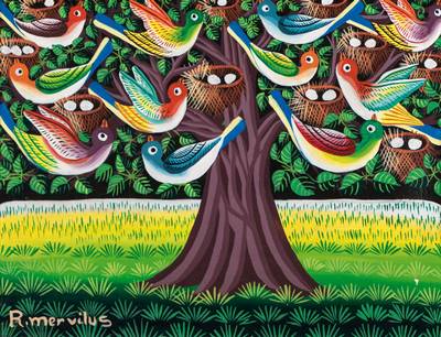 R. Mervilus, haitianischer Naiver Maler, Baum mit Vögel, Acryl/Lwd, ca. 31x41 cm, links unten signiert, rechts unten leichte Farbabblätterung, ...
