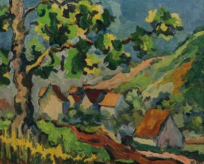 unbekannter Künstler aus der Rhein-Region, Landschaftsmalerei, Acryl/Karton, dat. 1956, 40x50 cm, Rahmen