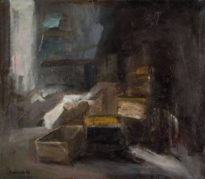 Hudecek, tschechischer Künstler, zakouti s bednami (Ecke mit Kisten), Öl/Lwd, signiert und datiert 88, verso betitelt, ca. 55x61 cm, gerahmt