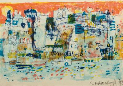 Shoichi Hasegawa, geb. 1929, La seine et lesremorqueurs, Farblithografie, handsigniert, ca. 15x22 cm, unter Glas gerahmt