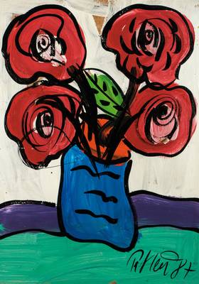 Peter Robert Keil, geb. 1942, Rote Blumen in blauer Vase, Acryl/Lwd, sign, dat. 87, 70x50 cm, Rahmen