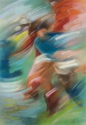 Stefan Birker, 1932-2016 Viernheim, Fußballer, Acryl/Pastellkreide/ Karton, re unten signiert, ca. 73x63 cm, unter Glas gerahmt
