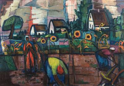 Paul Löffler, 1938-1995 Mannheim, Haus und Garten, Acryl/Lwd, signiert rechts unten, ca.95x66 cm, Rahmen