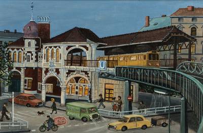 Ursula Lewin, Schlesisches Tor Berlin, naive Malerei, Acryl/Spanplatte, signiert, dat. 88, 20x30 cm, Rahmen