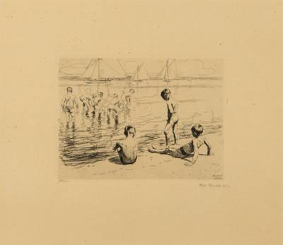 Philipp Franck, 1860-1944, Badende Knaben im Wannsee, Radierung auf Kupferdruckpapier, signiert, datiert 1909, Blattmaß 43,5x59 cm, unter Glas ...